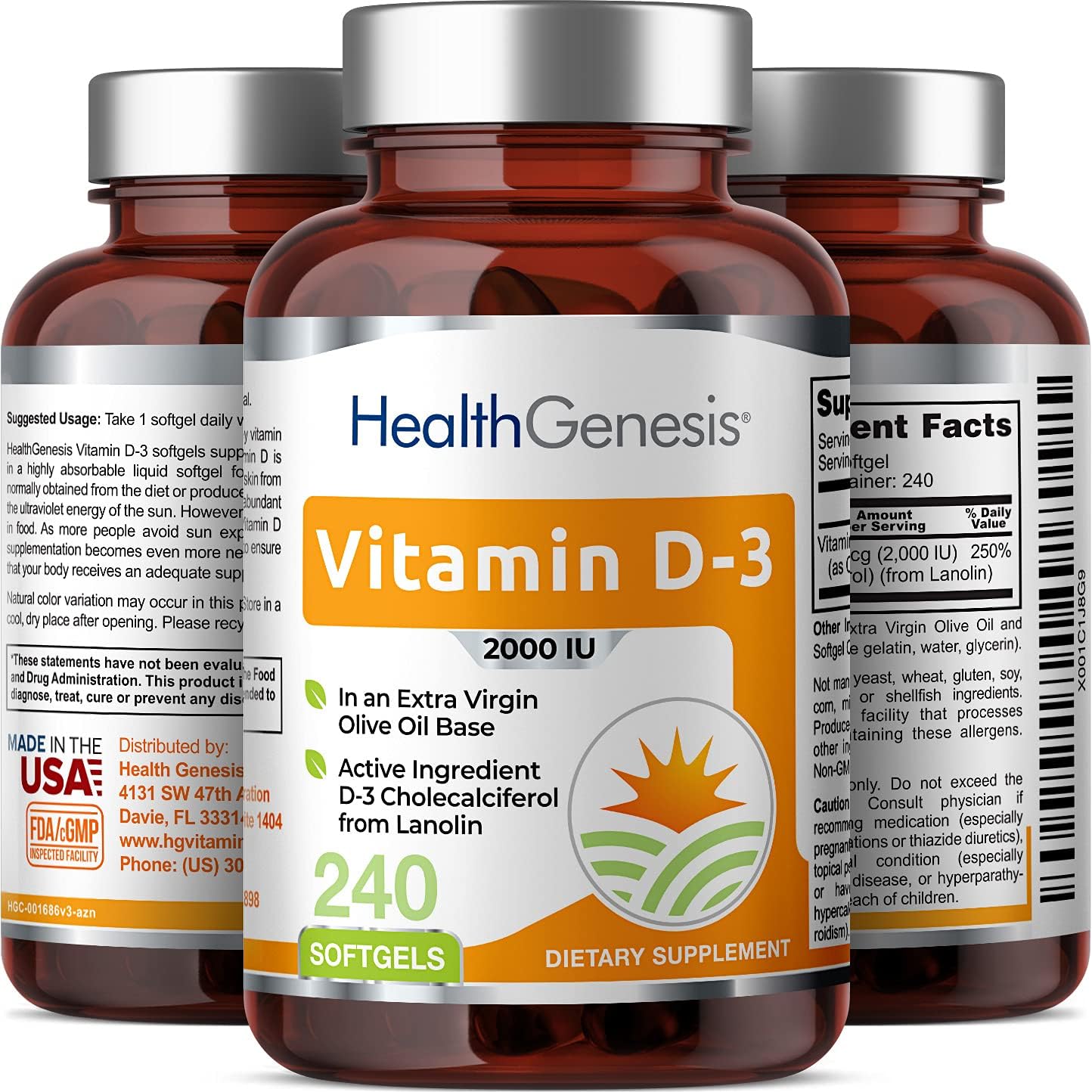 240 Softgels of Health Genesis Vitamin D-3 2000 IU with Extra Virgin Olive Oil - Non-GMO and Soy-Free