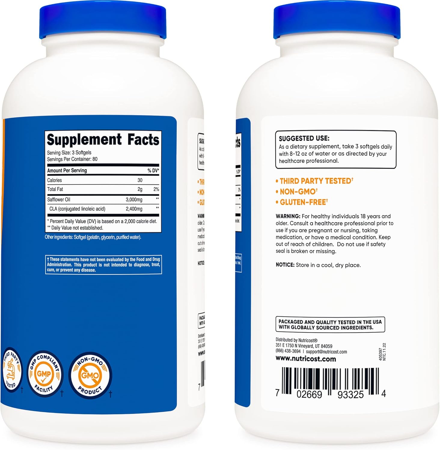 240 Softgels of Nutricost CLA (Conjugated Linoleic Acid), 2,400mg - Non-GMO, Gluten Free, 800mg Per Softgel - Pack of 3 Bottles