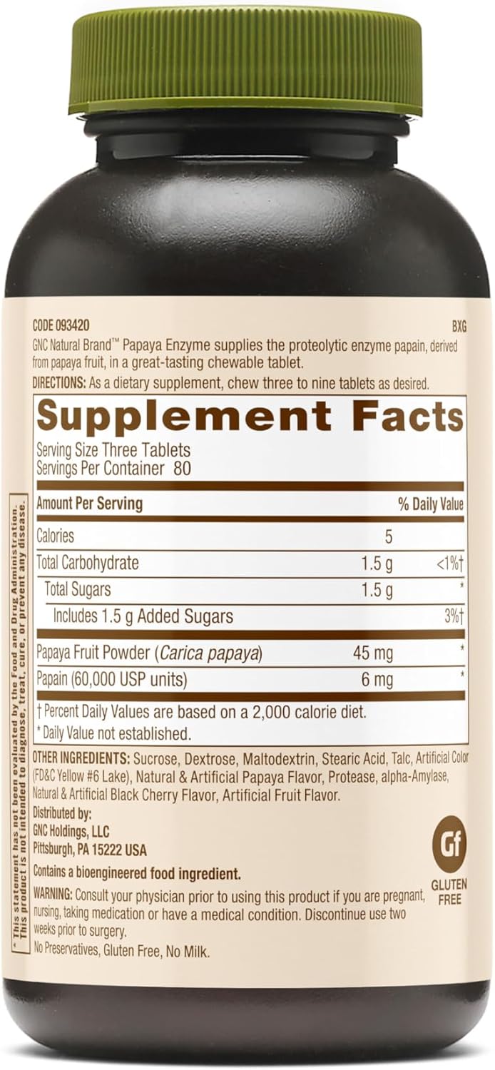 240 Tablets GNC Natural Brand Papaya Enzyme for Healthy Digestive Support