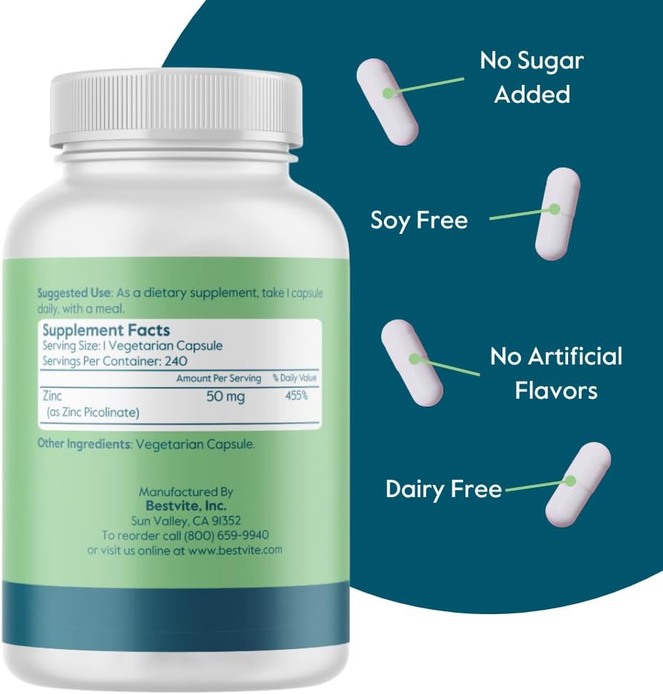 240 Vegetarian Capsules of BESTVITE Zinc Picolinate 50mg - Vegan, Non-GMO, Gluten Free - No Stearates