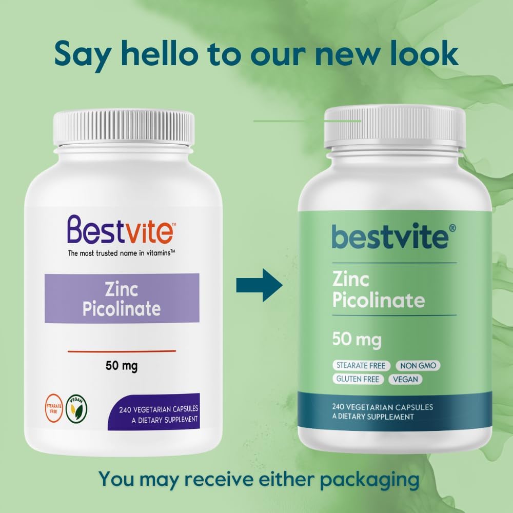 240 Vegetarian Capsules of BESTVITE Zinc Picolinate 50mg - Vegan, Non-GMO, Gluten Free - No Stearates
