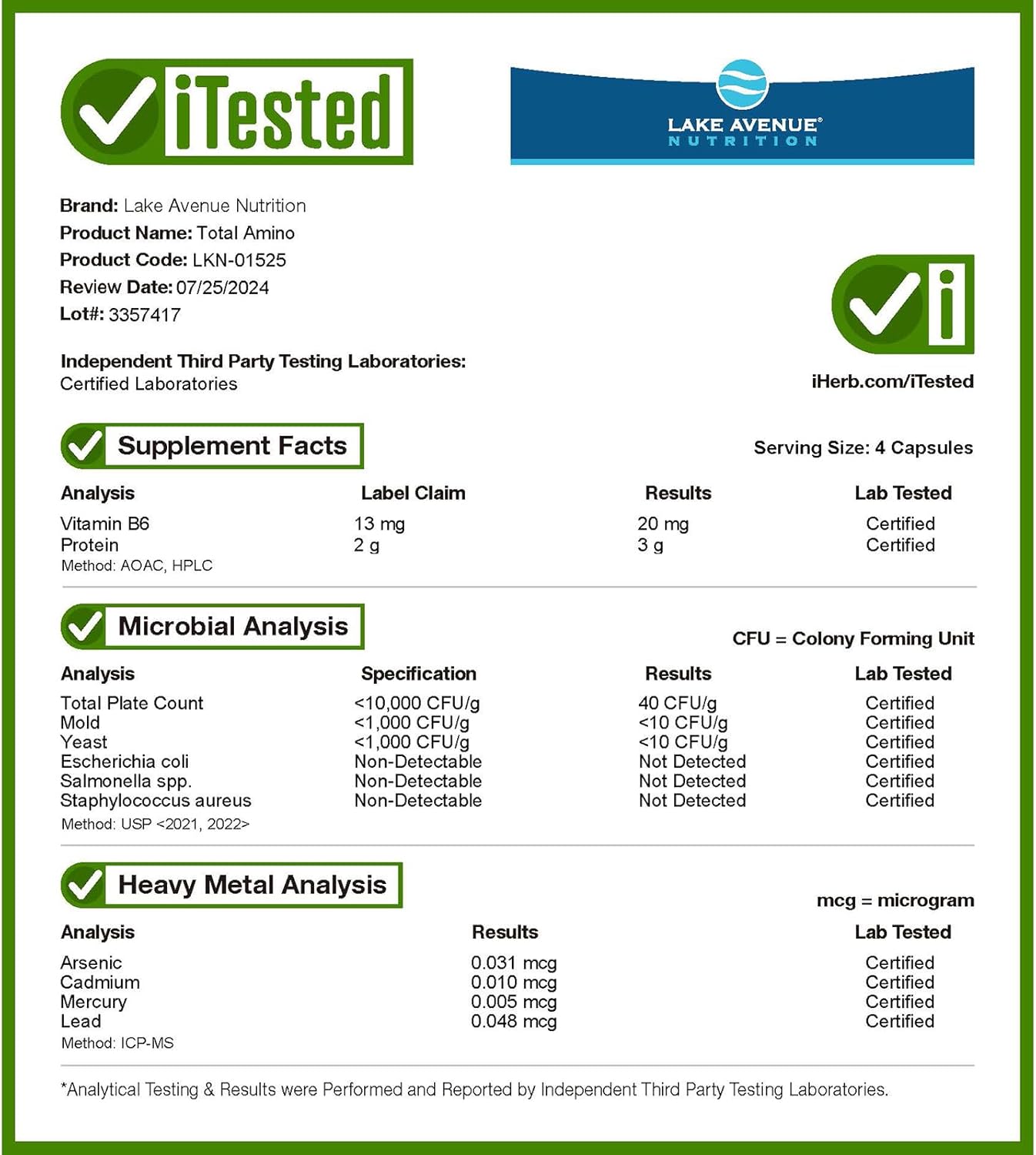 240 Veggie Capsules of Lake Avenue Nutrition Total Amino Supplement