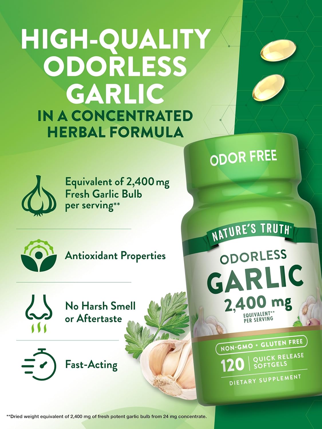 2400 mg Odorless Garlic Softgels - 120 Extract Pills, Non-GMO, Gluten Free Supplement by Nature's Truth - BoostGo Australia