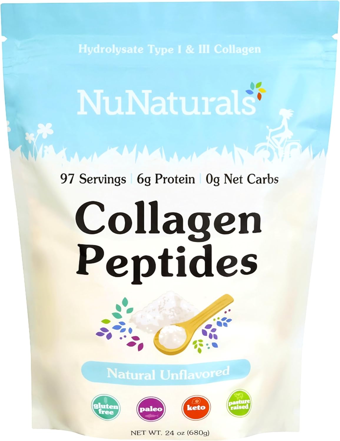 24oz NuNaturals Collagen Peptides Powder for Skin, Hair, Nail, and Joint Health (Type I, III)