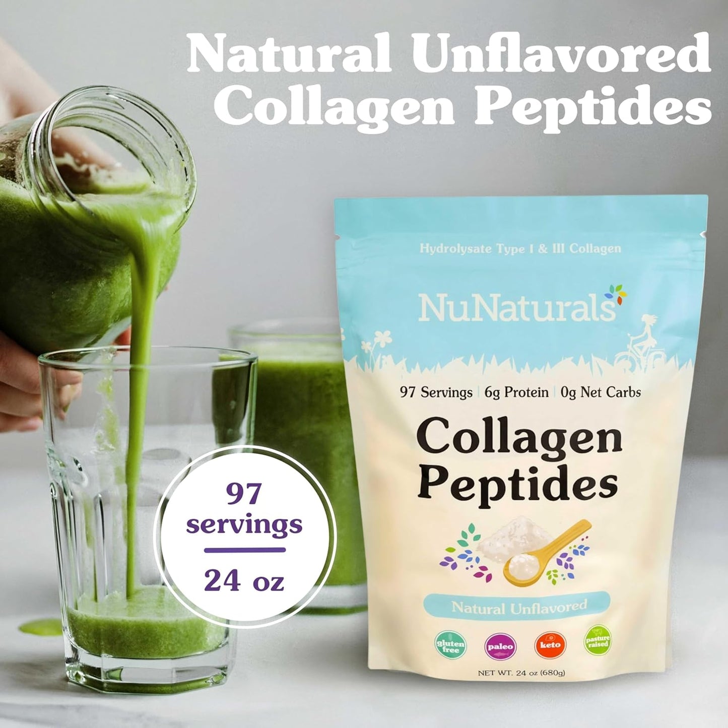 24oz NuNaturals Collagen Peptides Powder for Skin, Hair, Nail, and Joint Health (Type I, III)