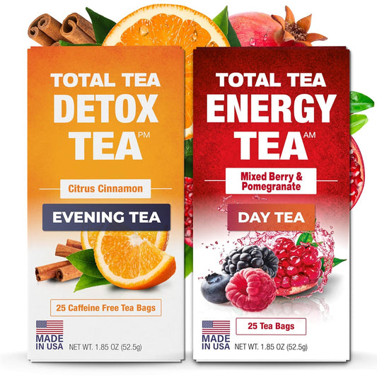 25-Day Total Tea Detox & Energy Set - Herbal Slim Tea with Chamomile, Hibiscus, Ginger Root - Citrus & Cinnamon Blend for Digestive Health - Colon Cleanse Tea (25-Pack)