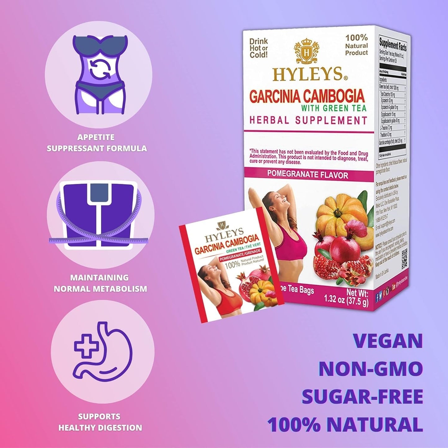 25 HYLEYS Garcinia Cambogia Green Tea with Pomegranate Flavor Tea Bags - Weight Loss Support