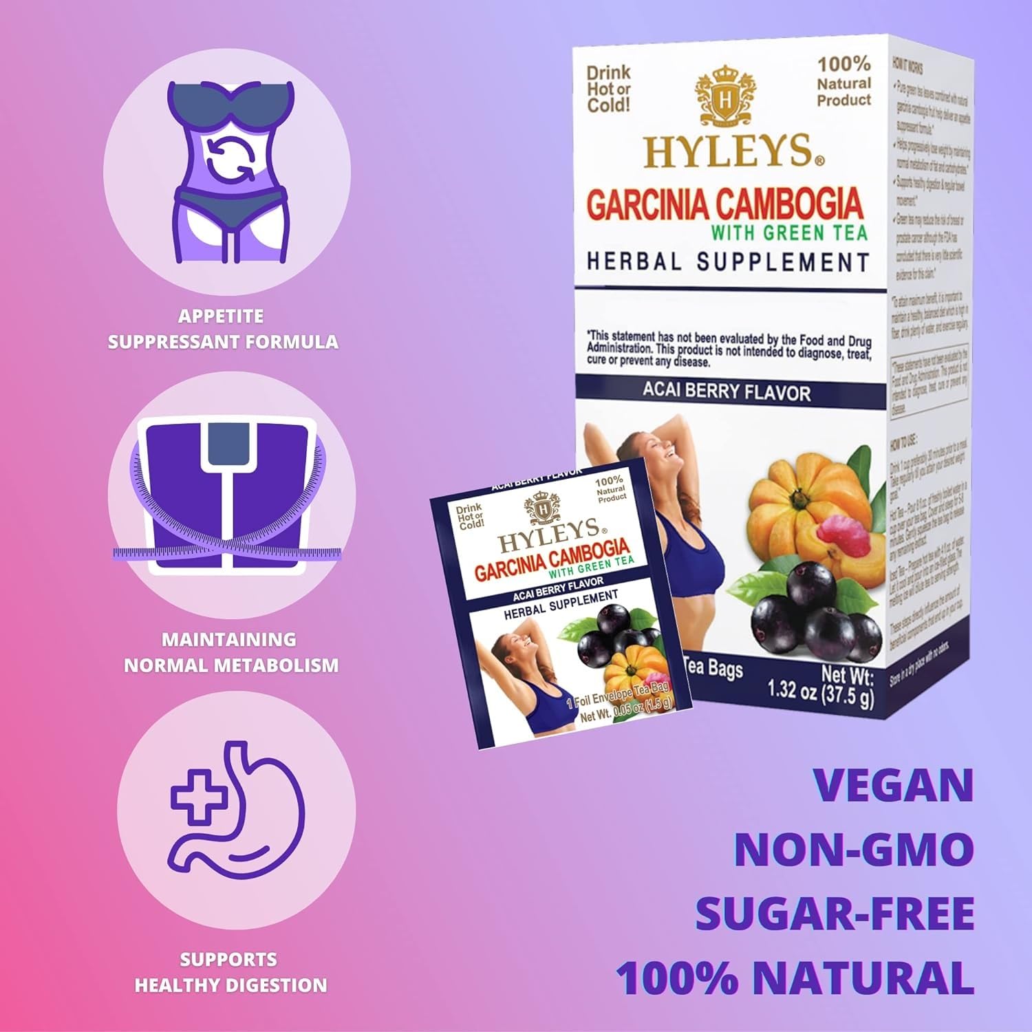 25 HYLEYS Tea Garcinia Cambogia Green Tea with Acai Berry Flavor Bags - Antioxidant Rich Tea Blend