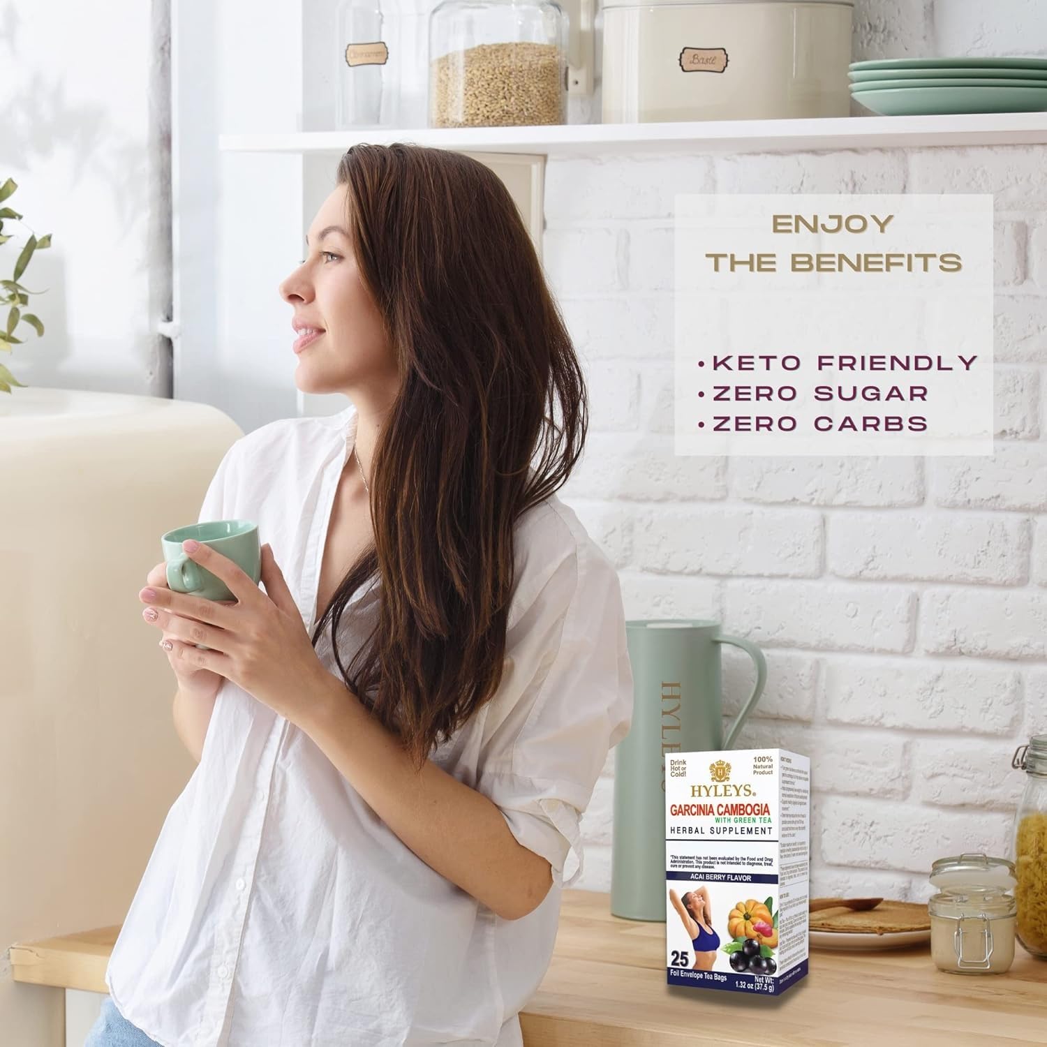 25 HYLEYS Tea Garcinia Cambogia Green Tea with Acai Berry Flavor Bags - Antioxidant Rich Tea Blend