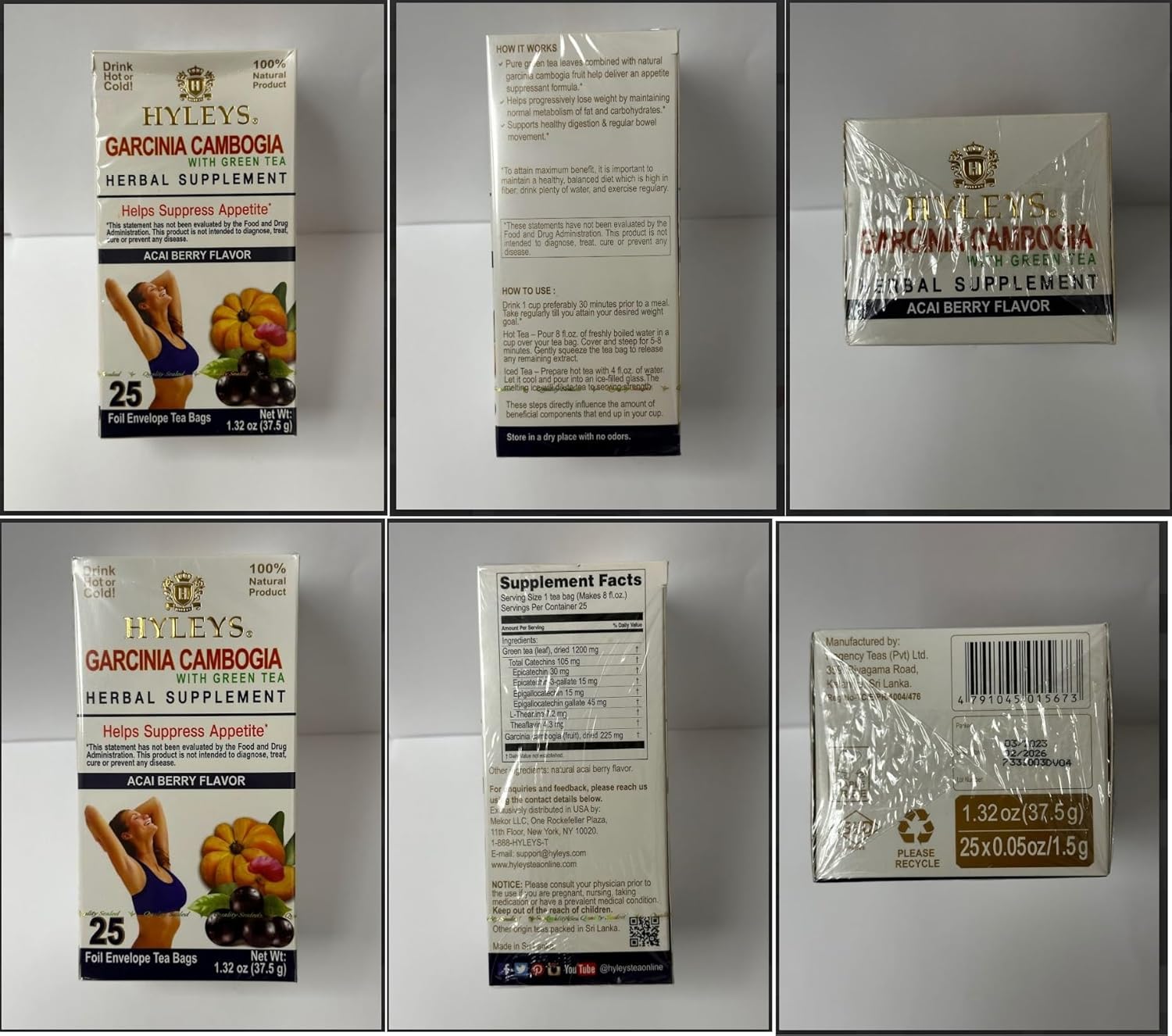 25 HYLEYS Tea Garcinia Cambogia Green Tea with Acai Berry Flavor Bags - Antioxidant Rich Tea Blend