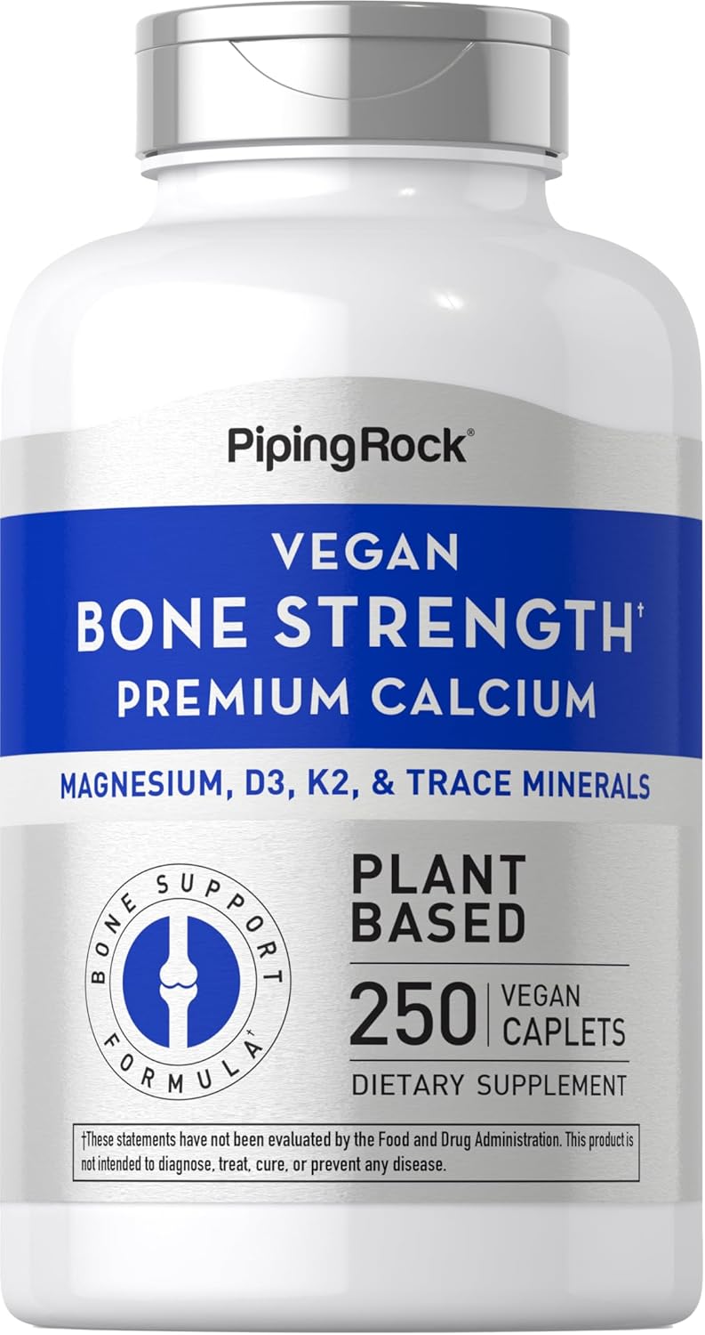 250 Caplets Bone Strength Supplement with Calcium, Magnesium, Vitamin D3, K2, and Zinc - Vegan, Non-GMO, Gluten Free by Piping Rock