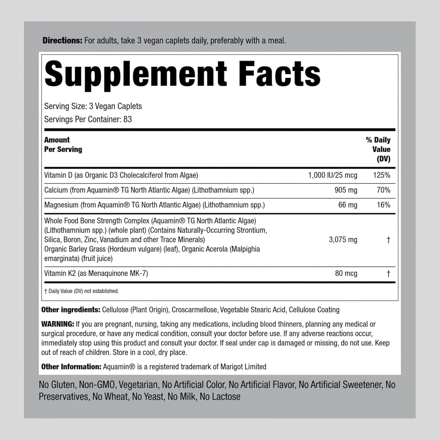 250 Caplets Bone Strength Supplement with Calcium, Magnesium, Vitamin D3, K2, and Zinc - Vegan, Non-GMO, Gluten Free by Piping Rock
