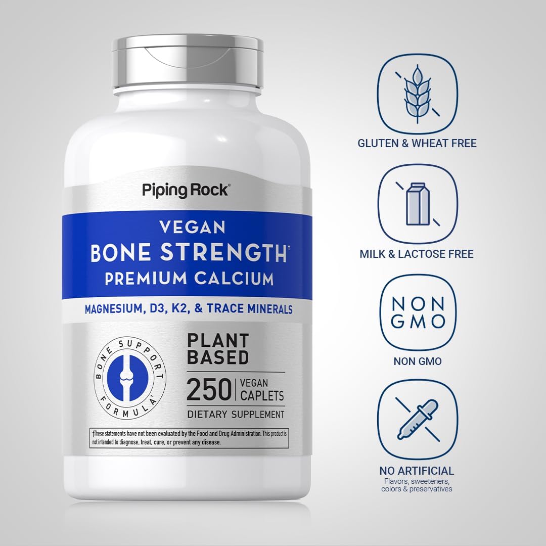 250 Caplets Bone Strength Supplement with Calcium, Magnesium, Vitamin D3, K2, and Zinc - Vegan, Non-GMO, Gluten Free by Piping Rock
