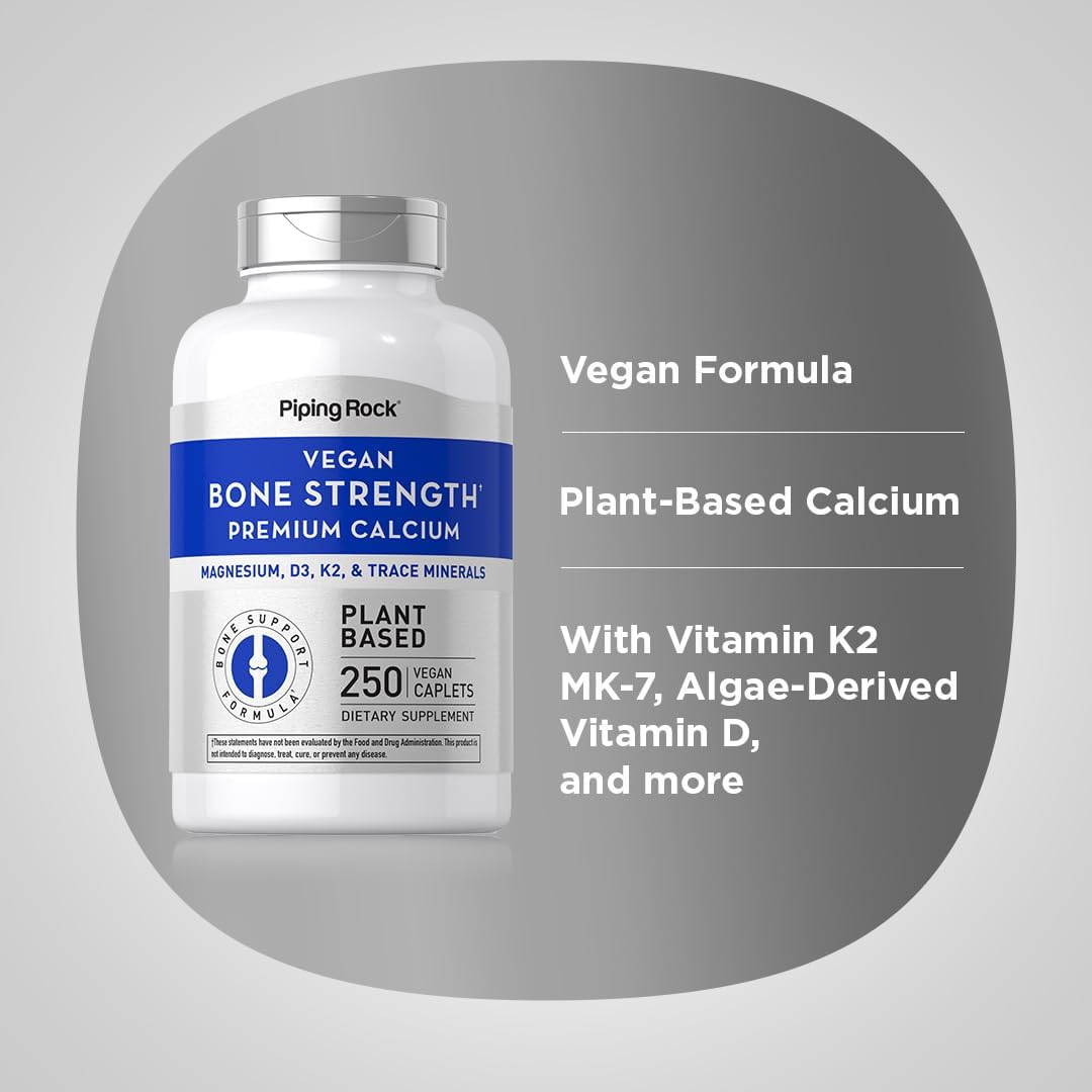 250 Caplets Bone Strength Supplement with Calcium, Magnesium, Vitamin D3, K2, and Zinc - Vegan, Non-GMO, Gluten Free by Piping Rock