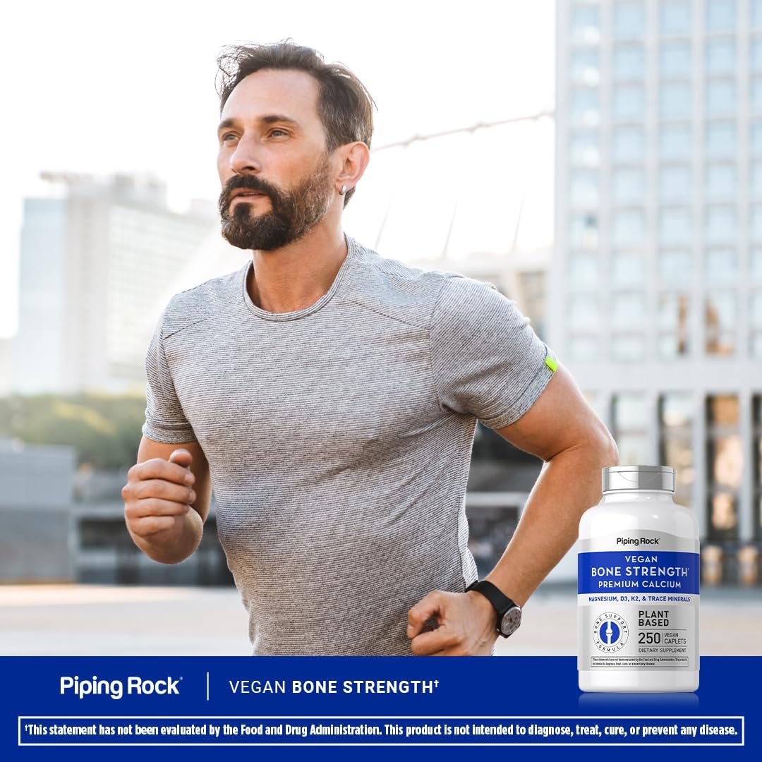 250 Caplets Bone Strength Supplement with Calcium, Magnesium, Vitamin D3, K2, and Zinc - Vegan, Non-GMO, Gluten Free by Piping Rock