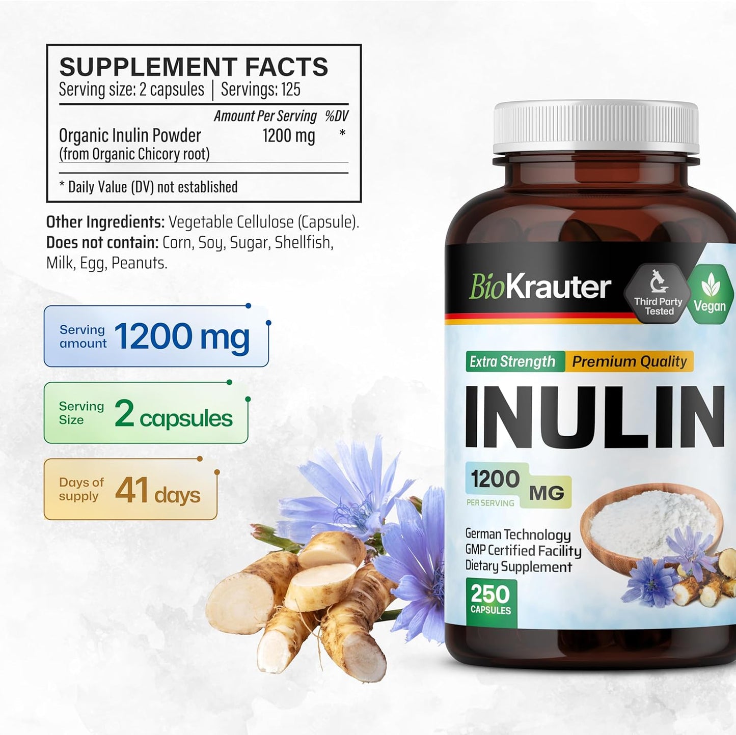 250 Capsules of BIO KRAUTER Inulin Plus 100 Chicory Capsules for Digestive Health