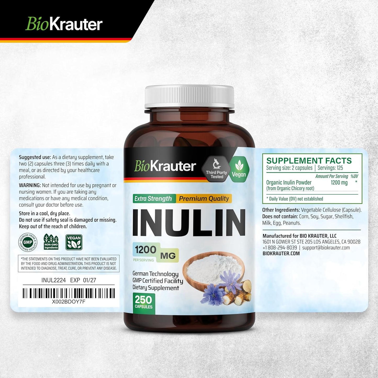 250 Capsules of BIO KRAUTER Inulin Plus 100 Chicory Capsules for Digestive Health
