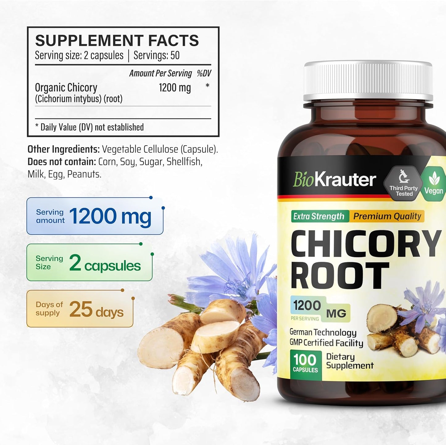 250 Capsules of BIO KRAUTER Inulin Plus 100 Chicory Capsules for Digestive Health