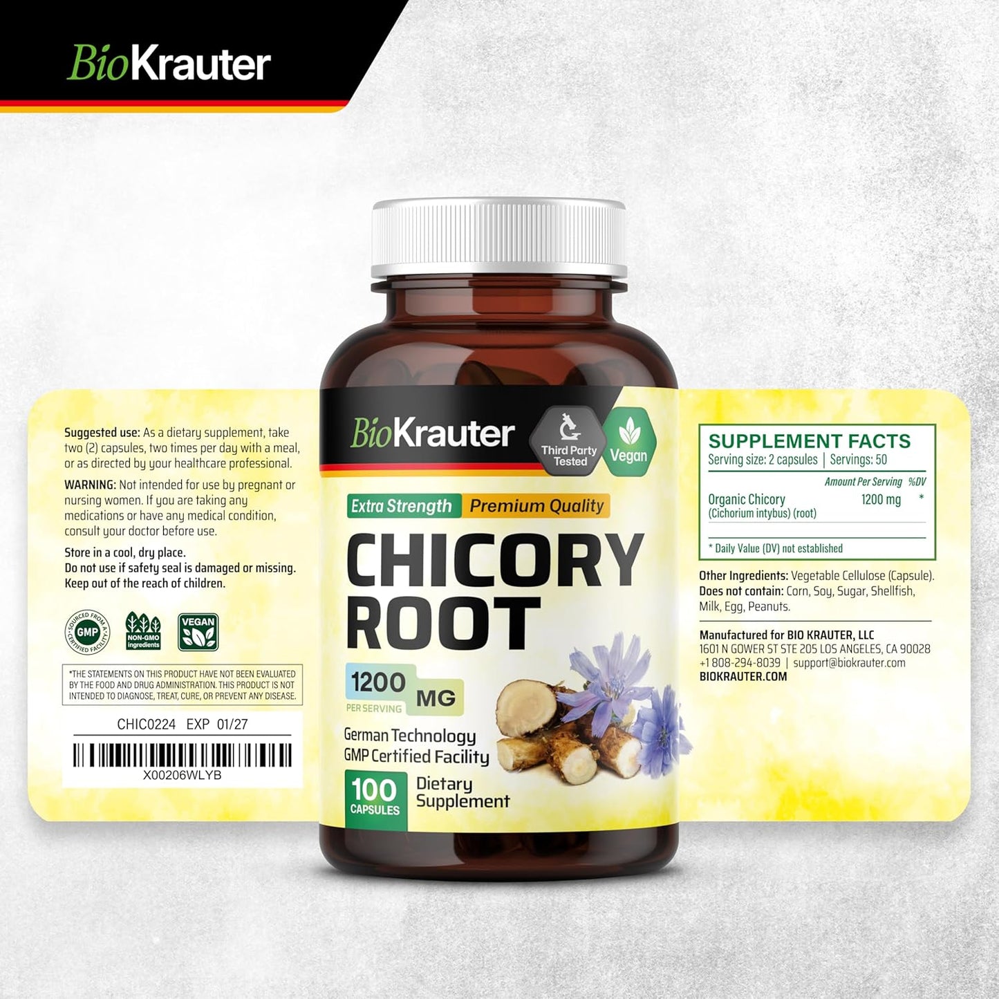 250 Capsules of BIO KRAUTER Inulin Plus 100 Chicory Capsules for Digestive Health