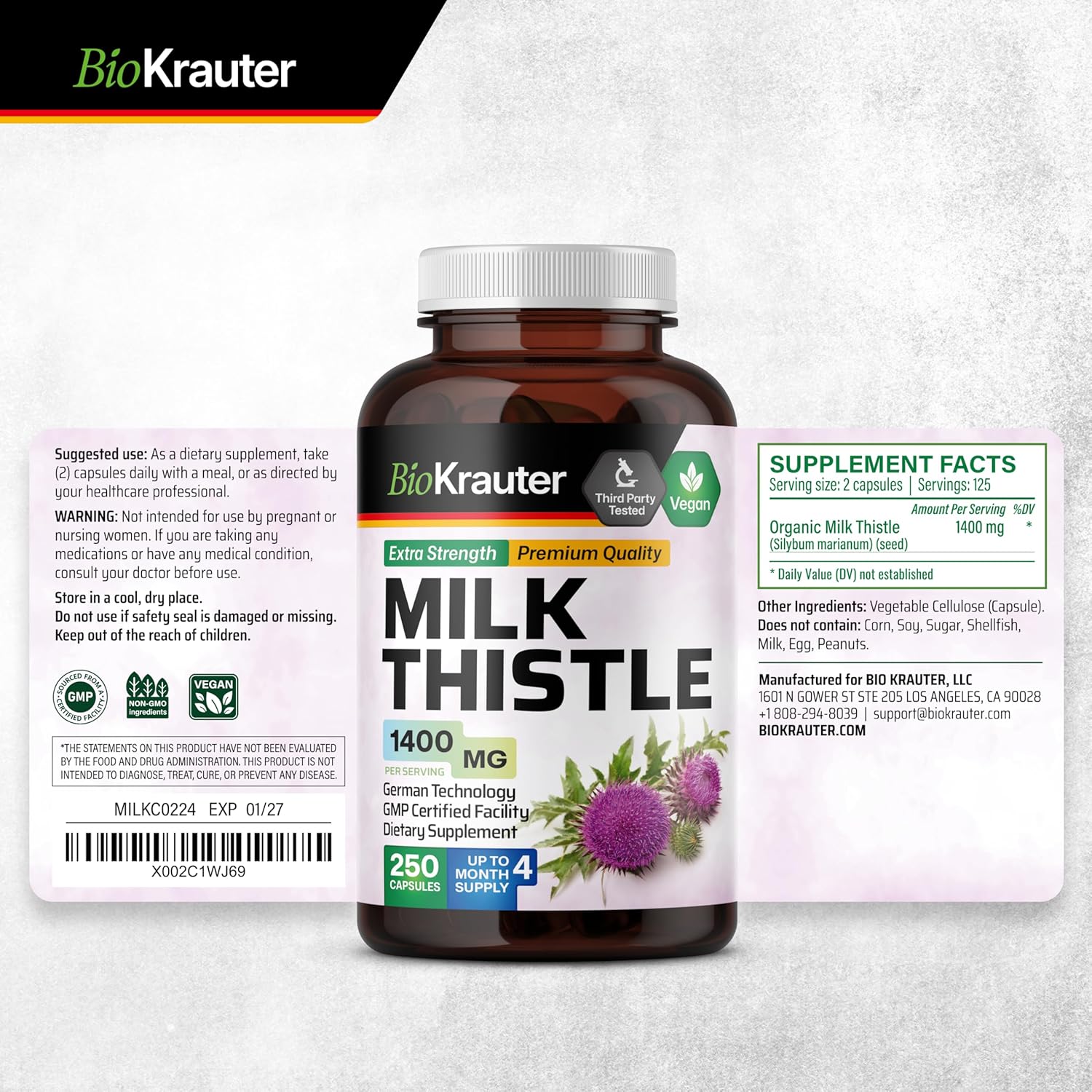 250 Capsules of BIO KRAUTER Milk Thistle and Stinging Nettle for Ultimate Liver Support and Detoxification - BoostGo Australia