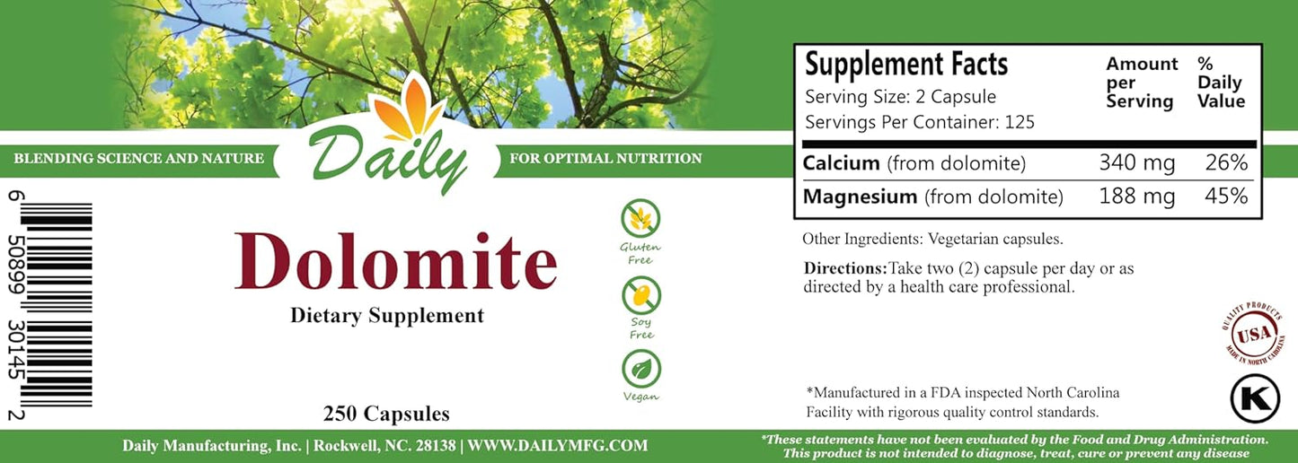 250 Capsules of Dolomite for Daily Manufacturing Benefits