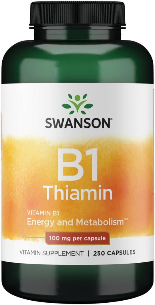 250 Capsules of Swanson Vitamin B1 (Thiamin) for Healthy Metabolism, Energy Support, and Nerve Cell Function - 100mg Each