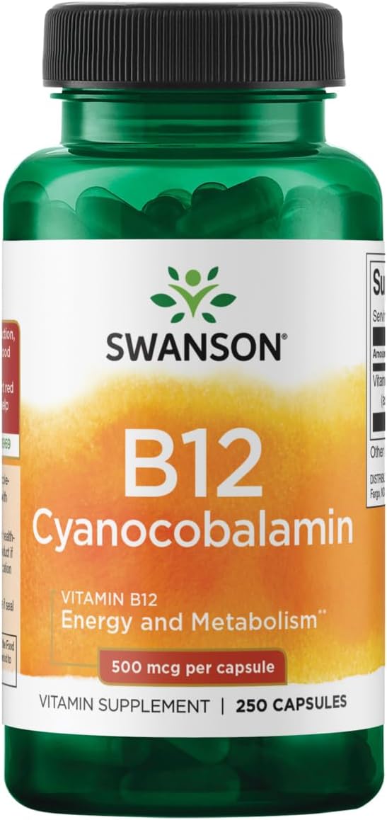 250 Capsules of Swanson Vitamin B12 (Cyanocobalamin) - 500mcg for Energy, Nervous System, and Wellness Boost