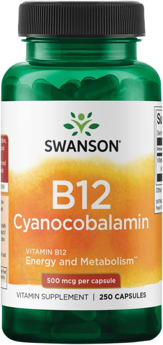 250 Capsules of Swanson Vitamin B12 (Cyanocobalamin) - 500mcg for Energy, Nervous System, and Wellness Boost