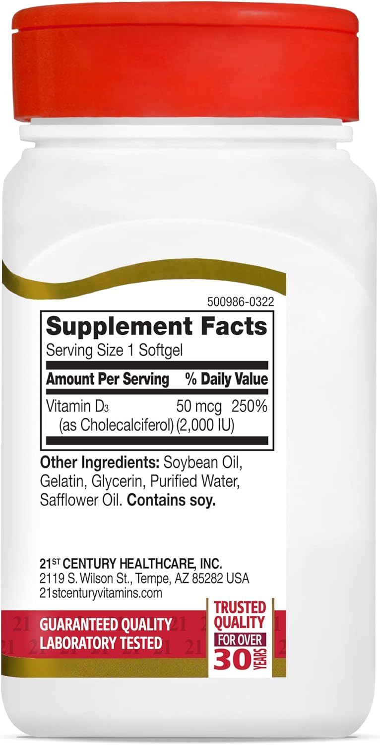 250 Count 21st Century D3 2000 IU Softgels for Immune Support