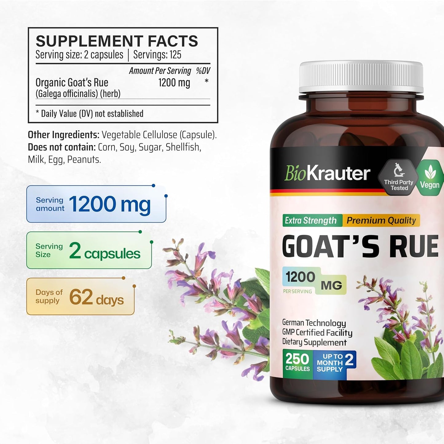 250 Count BIO KRAUTER Goats Rue Capsules 1200mg - Natural Lactation Support for Breastfeeding - Herbal Breastfeeding Supplements