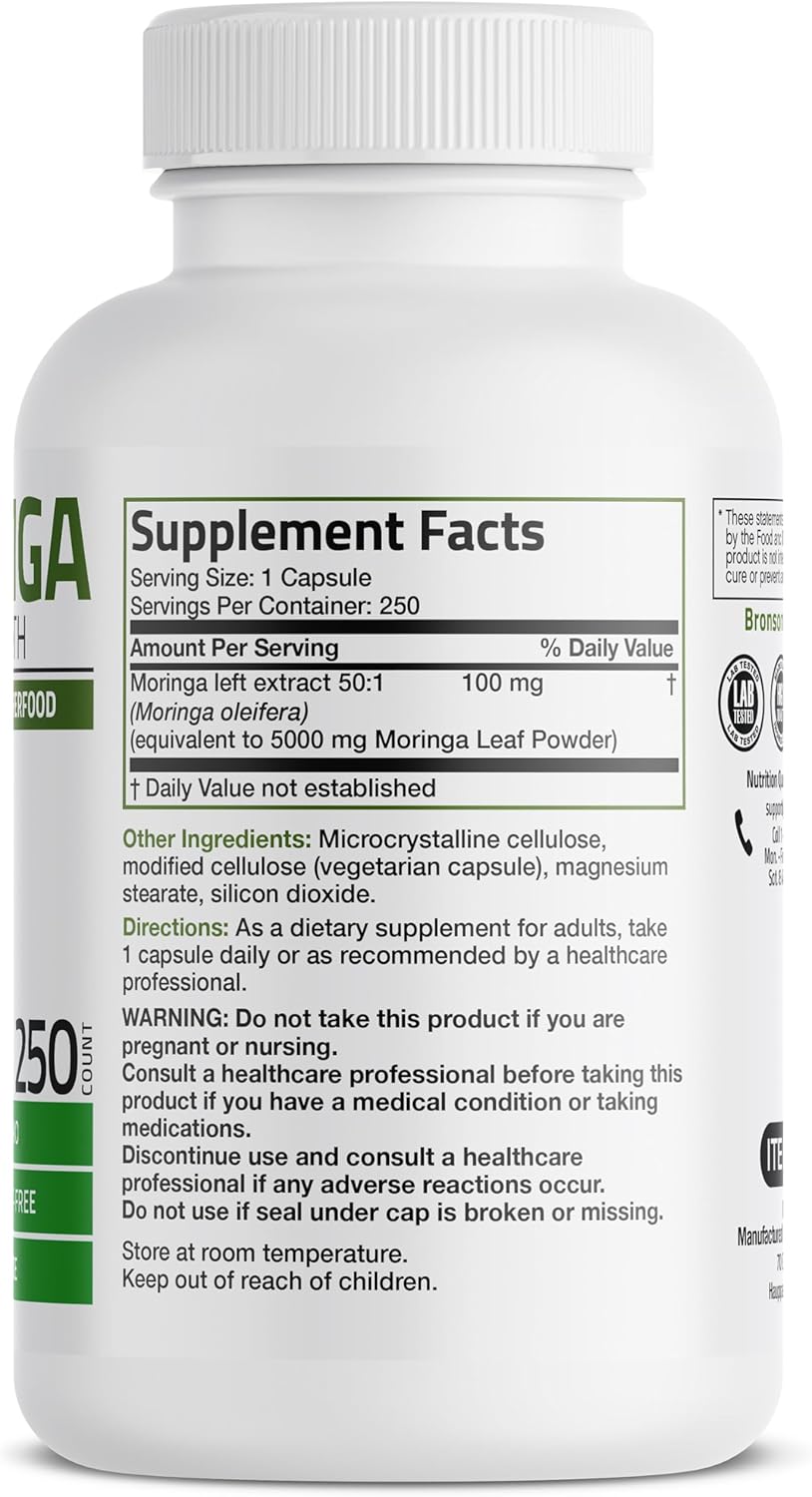 250 Count Bronson Moringa Oleifera Powder Extra Strength Capsules