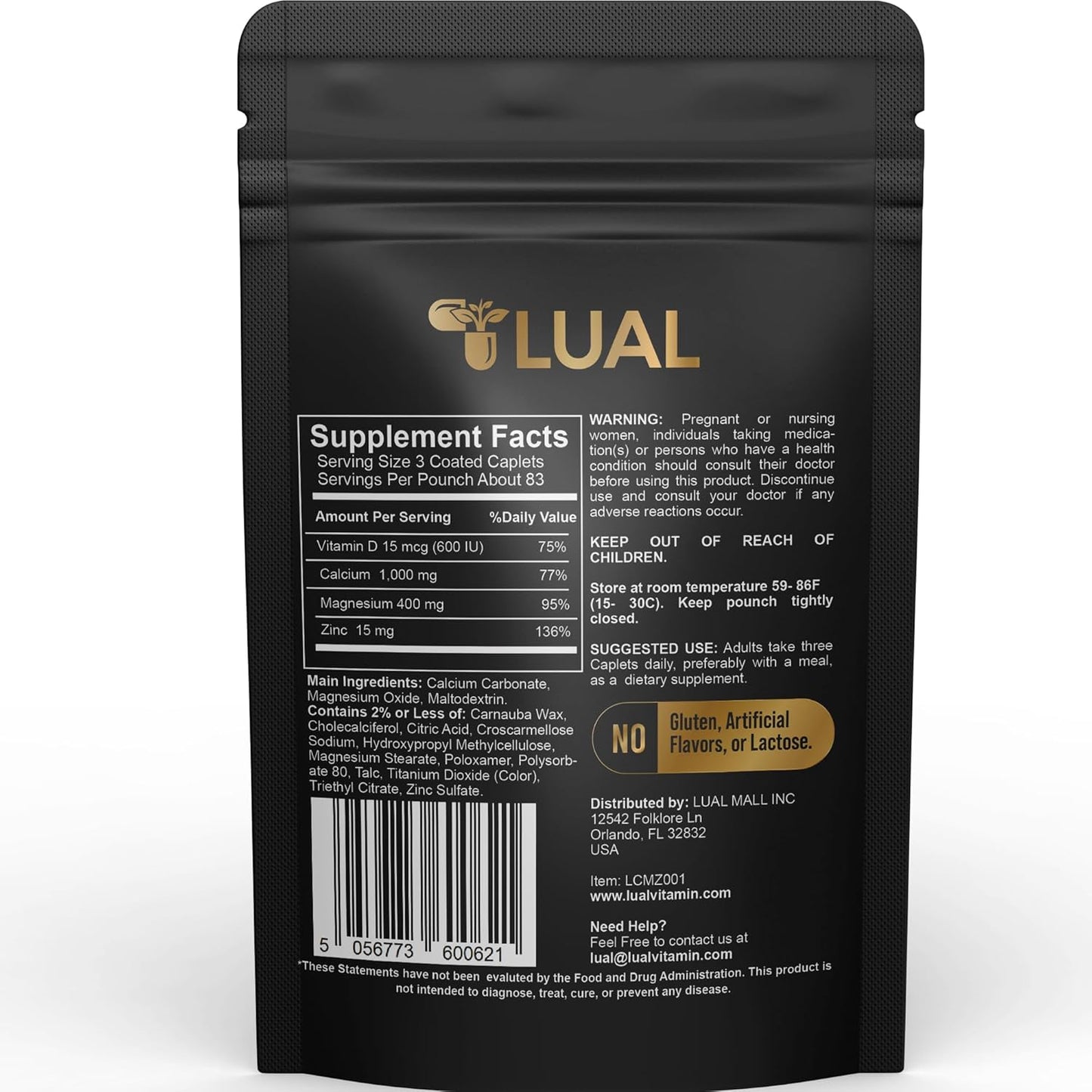 250 Count LUAL Calcium, Magnesium, Zinc, and Vitamin D3 Caplets Dietary Supplement