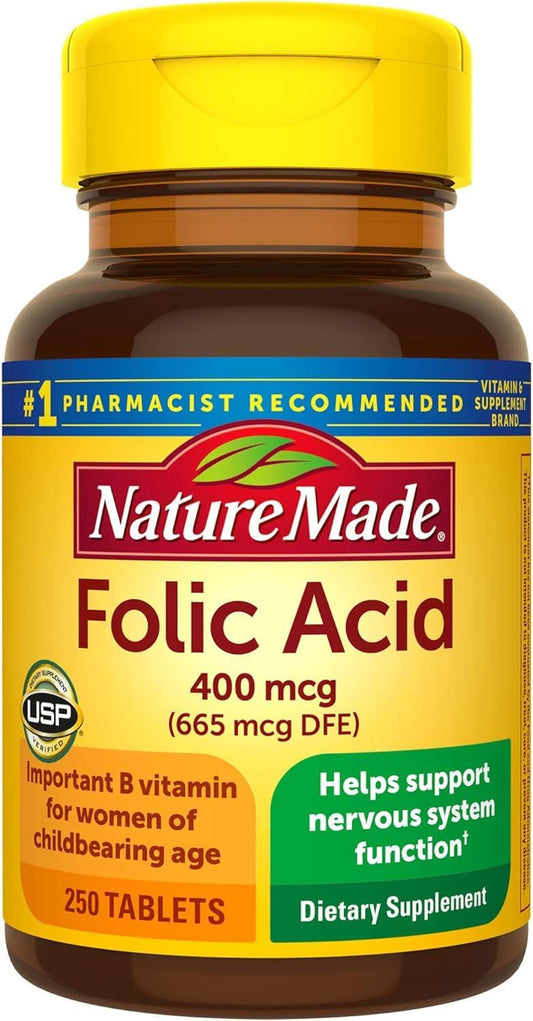 250 Count Nature Made Folic Acid 400 mcg (665 mcg DFE) Tablets, Various Packaging Options