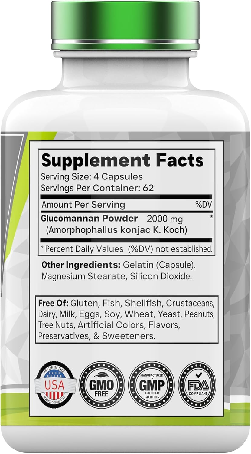 250 Count tnvitamins Glucomannan Capsules 2000 MG | Natural Konjac Root Fiber Extract Powder Supplement | Soluble Dietary Digestive Fiber Pills | Made in USA