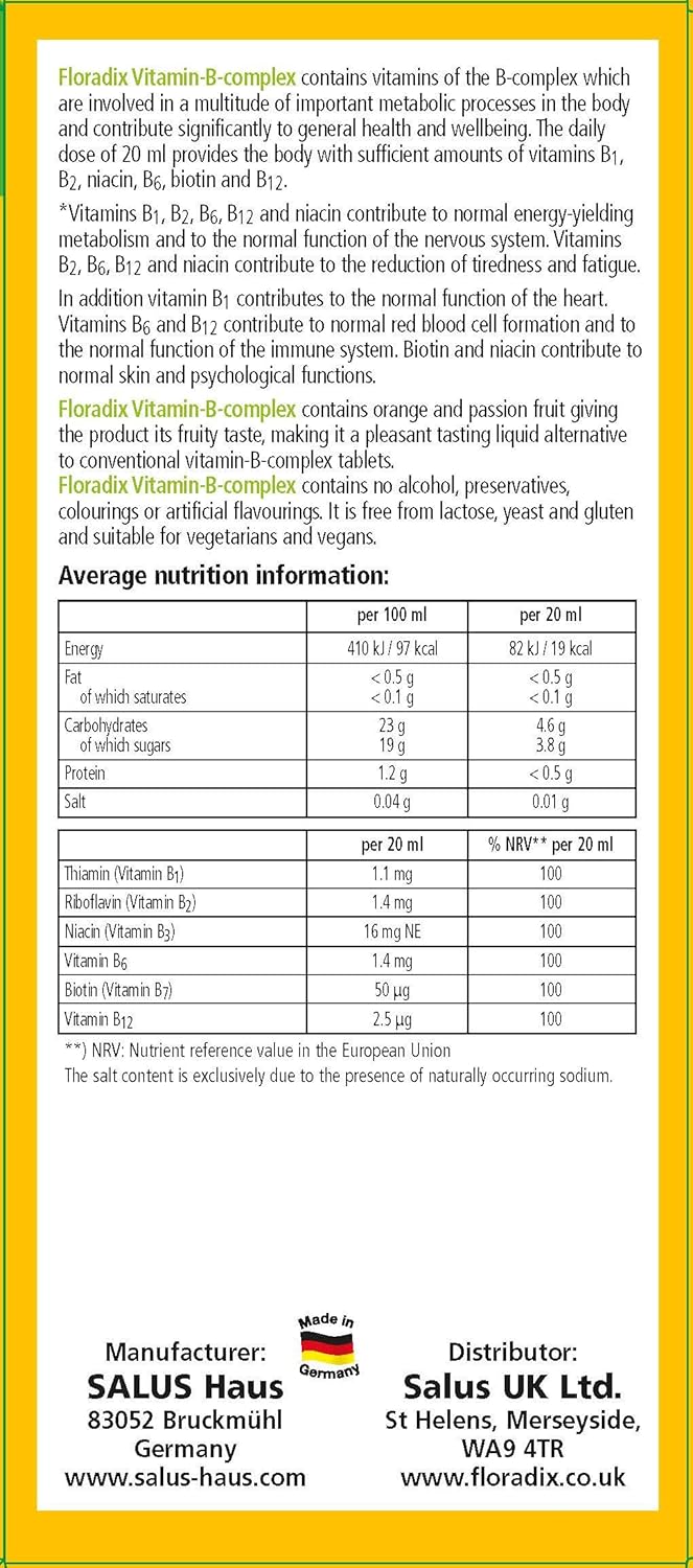 250 ml Floradix Liquid Vitamin B Complex Formula - Natural Energy & Metabolism Boost - Iron-Free Supplement for Adults & Kids