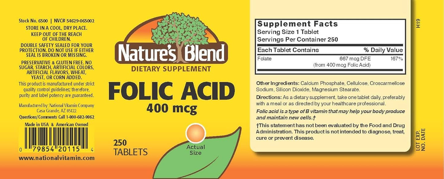 250 Tablets of Nature's Blend Folic Acid 400 mcg - Essential Supplement for Overall Health and Wellness