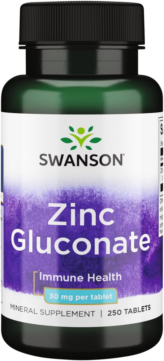 250 Tablets Swanson Zinc Gluconate Supplement for Prostate, Vision, & Immune Health - Optimal Absorption Formula (30mg)