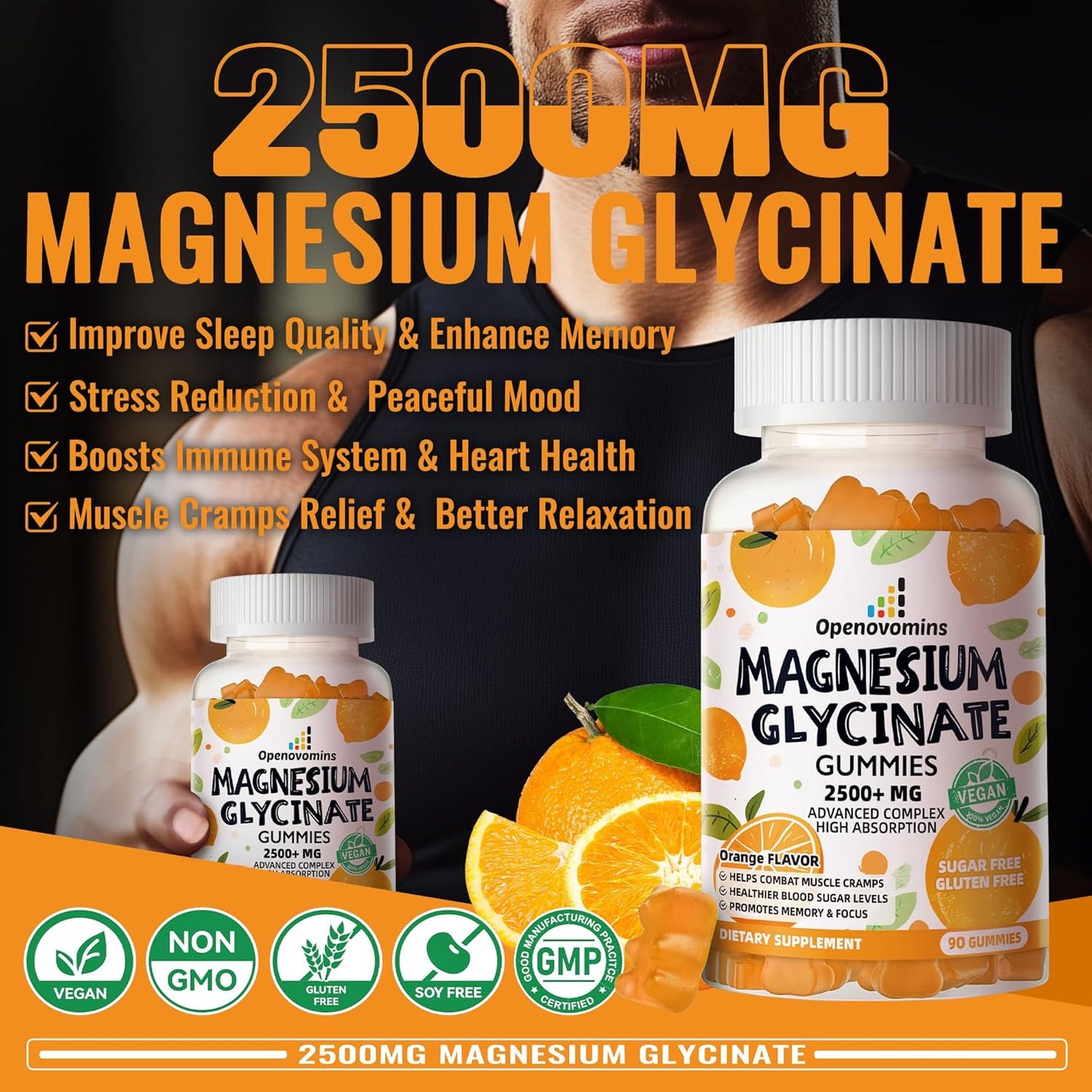 2500mg Openovomin Magnesium Glycinate Gummies with Vitamin D, B6, CoQ10 - Sugar-Free Supplement for Calm Mood & Sleep - 90 Orange Gummies