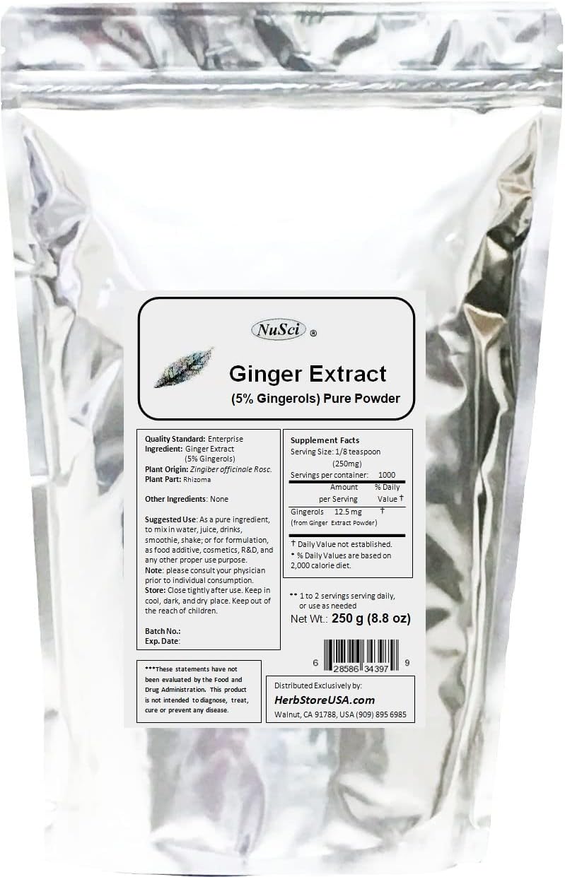 250g Ginger Root Extract Powder (8.8 oz) - Standardized 5% Gingerols for Digestive System Support by NuSci