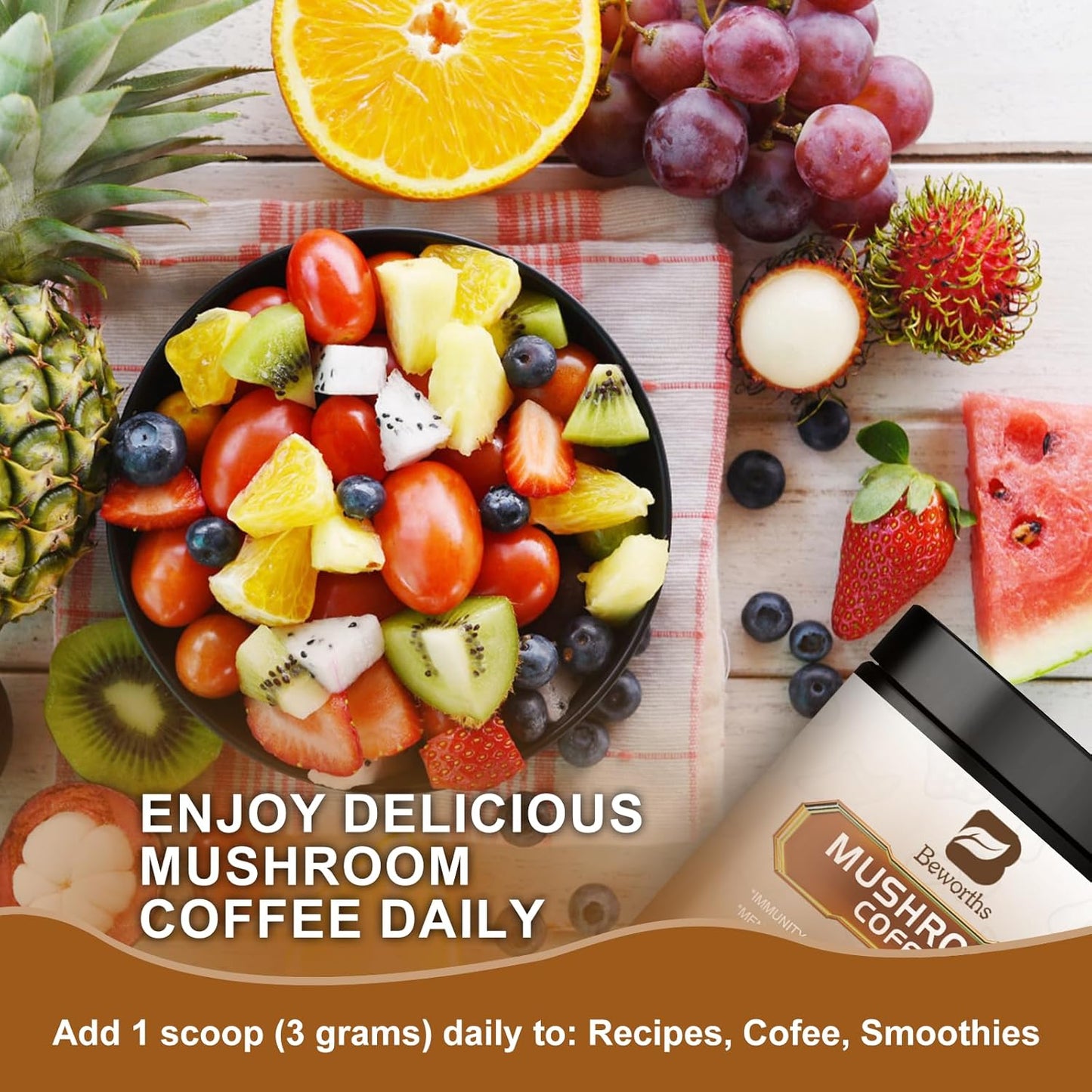 250g Mushroom Coffee Blend with Lions Mane, Reishi, Chaga, Cordyceps, Turkey Tail - Instant Coffee for Energy, Focus, Brain Booster - B BEWORTHS Mushroom Coffee