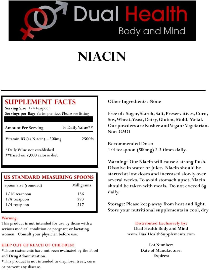 250g Niacin Powder Vitamin B3 Bulk Supplement - Immediate Release Flush Nicotinic Acid - Non-GMO, Vegan, Gluten Free - Fast Absorption - No Fillers/Additives - Metals Free
