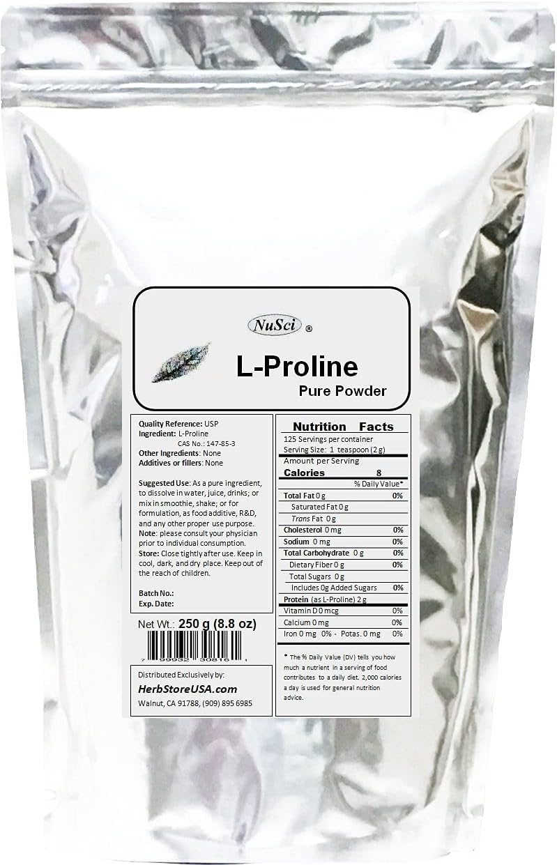 250g NuSci Pure L-Proline Powder - Essential Collagen Component for Health and Wellness
