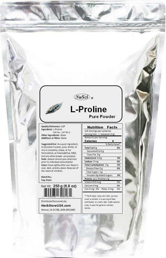 250g NuSci Pure L-Proline Powder - Essential Collagen Component for Health and Wellness