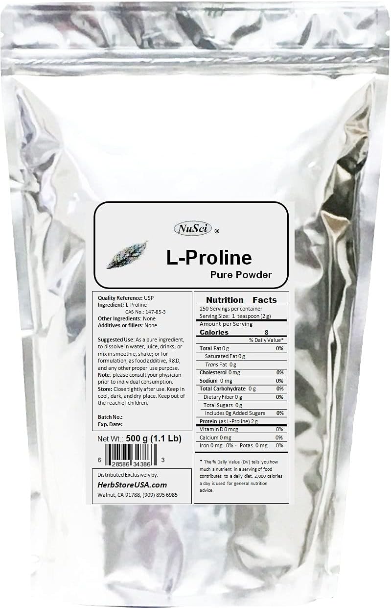 250g NuSci Pure L-Proline Powder - Essential Collagen Component for Health and Wellness