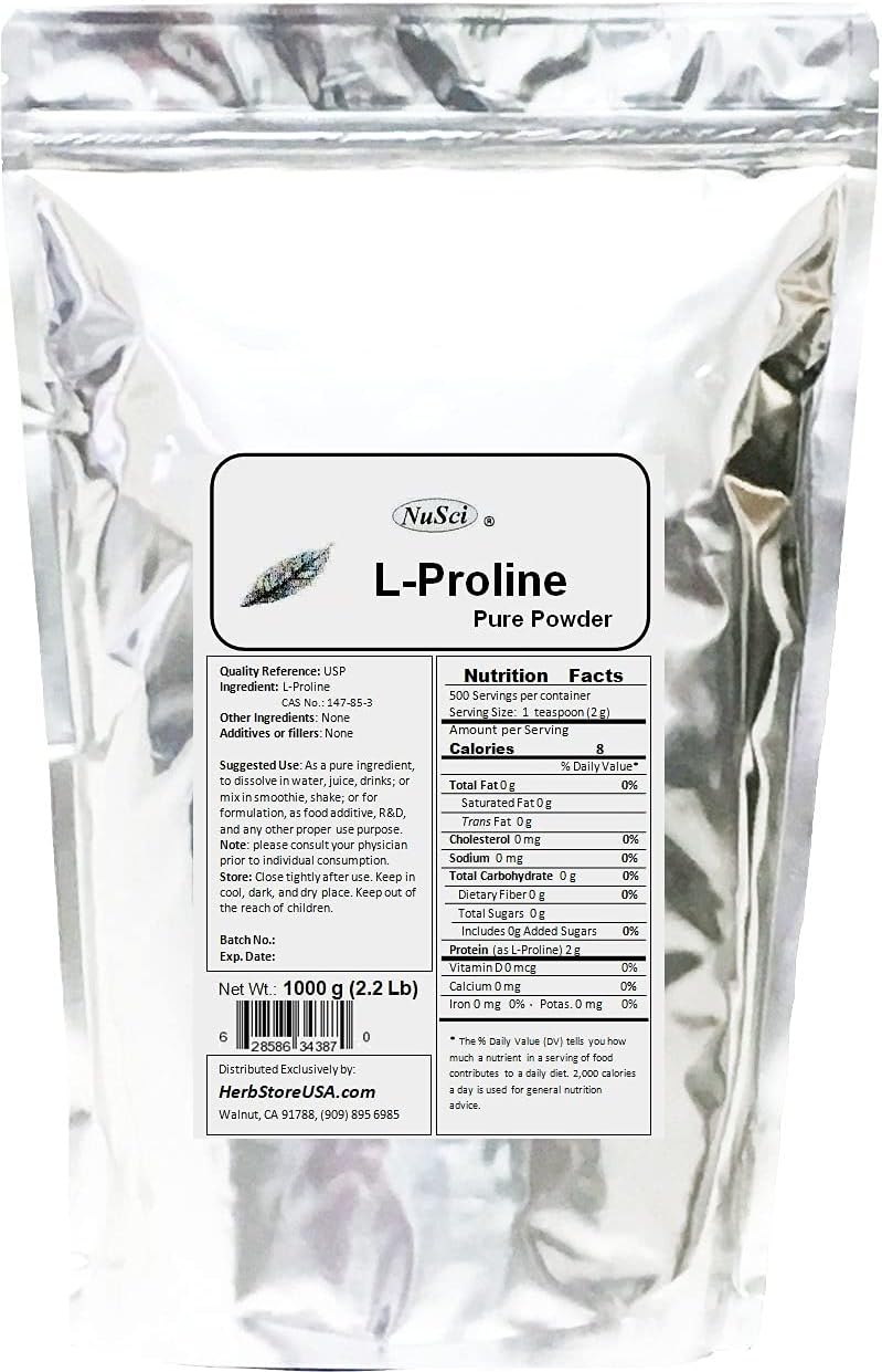 250g NuSci Pure L-Proline Powder - Essential Collagen Component for Health and Wellness
