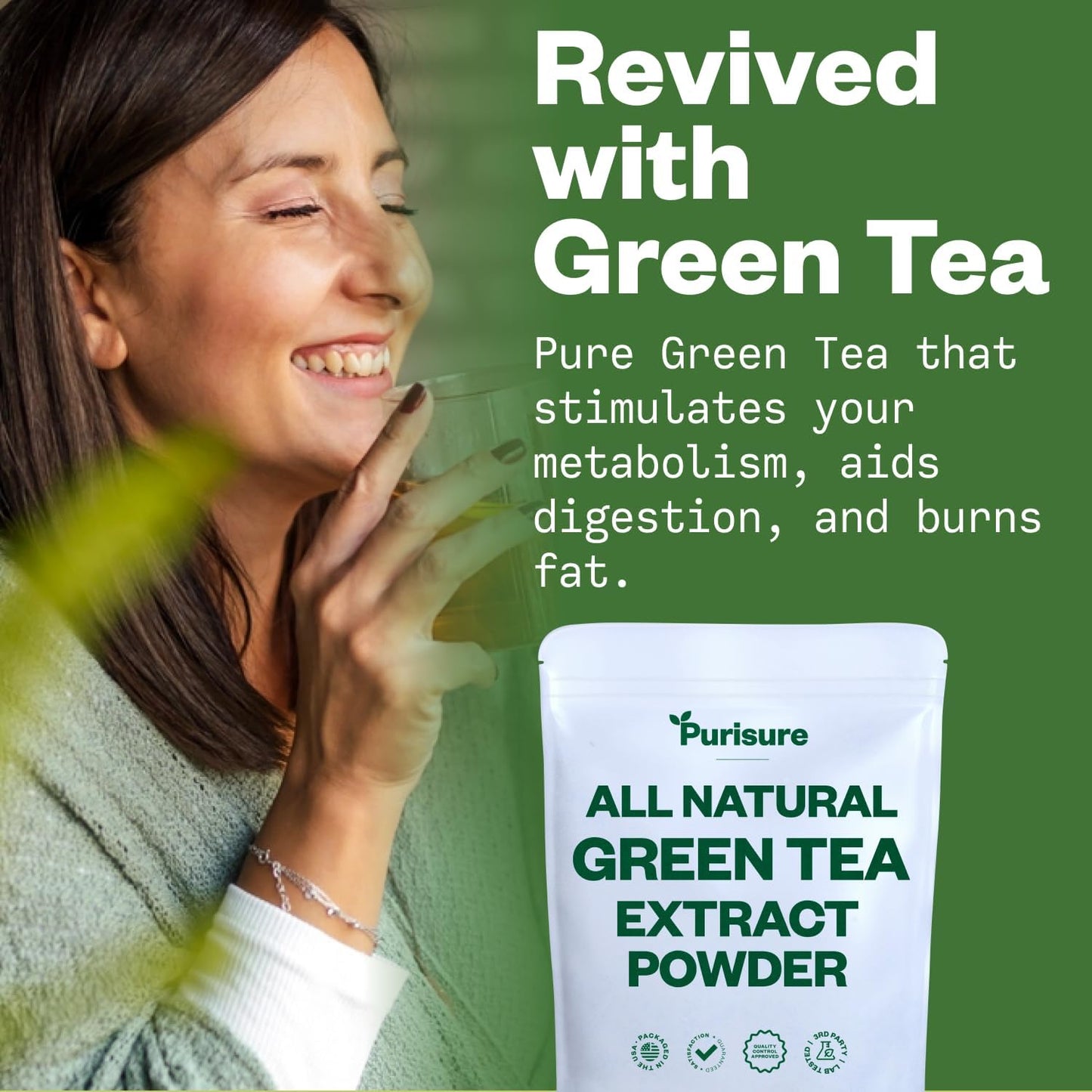 250g Purisure Green Tea Extract Powder for Beverages, Smoothies, Baked Goods - Unsweetened Instant Green Tea Powder with 500 Servings