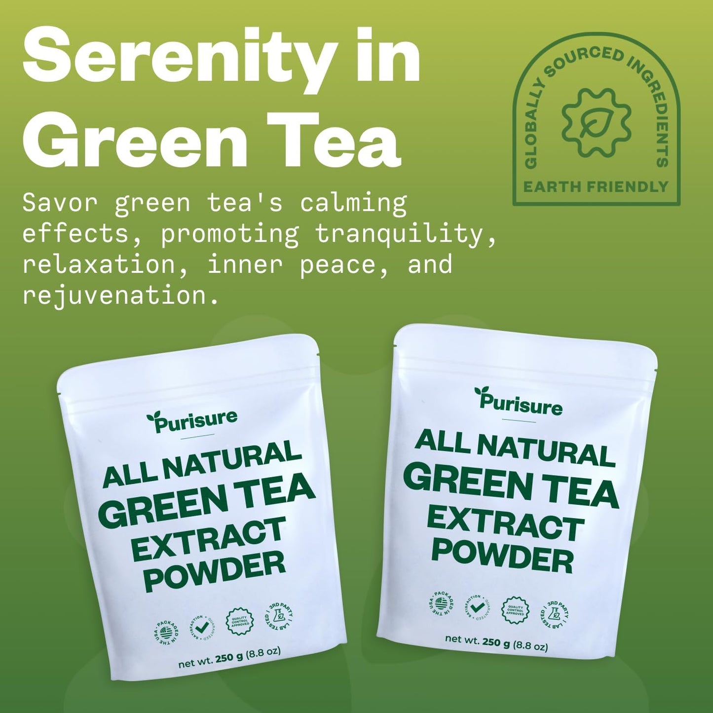 250g Purisure Green Tea Extract Powder for Beverages, Smoothies, Baked Goods - Unsweetened Instant Green Tea Powder with 500 Servings