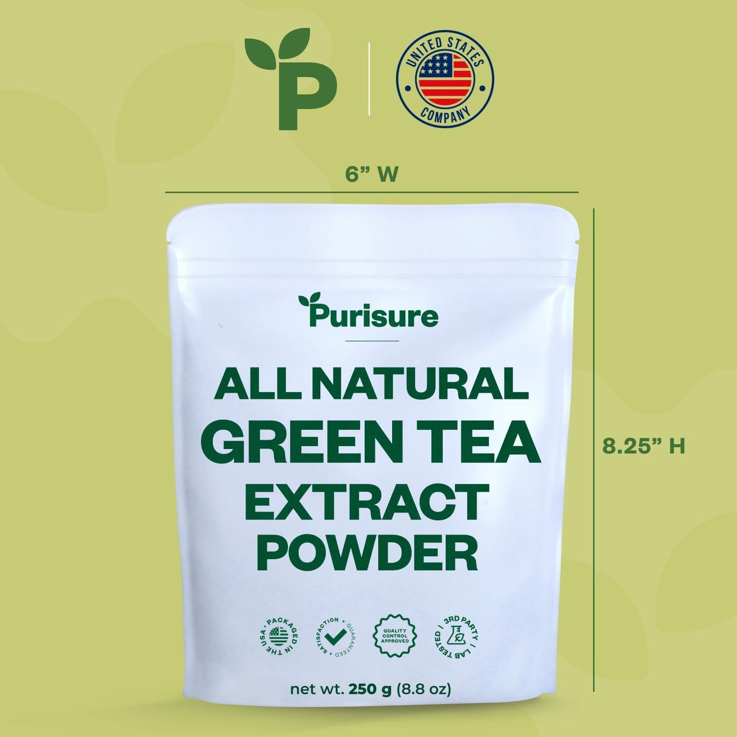 250g Purisure Green Tea Extract Powder for Beverages, Smoothies, Baked Goods - Unsweetened Instant Green Tea Powder with 500 Servings