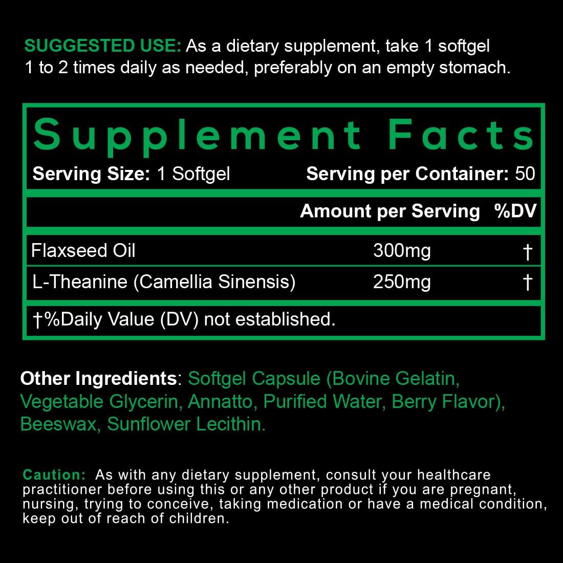 250mg L-Theanine Supplement in Non-GMO Flaxseed Oil Softgels by SmarterVitamins - 50 Count
