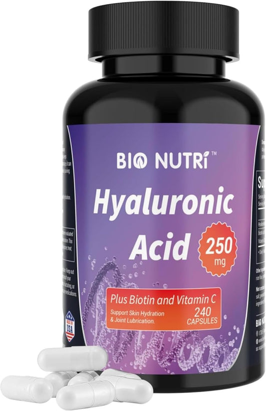250mg Pure Hyaluronic Acid Capsules with Vitamin C & Biotin for Skin, Hair, and Joint Support - 240 Count